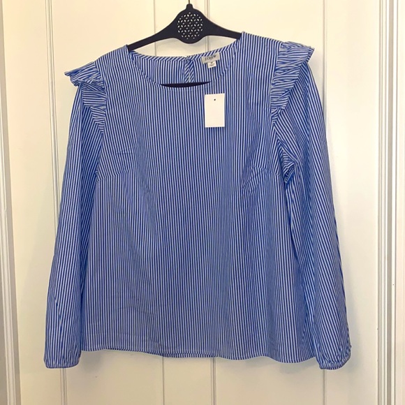 J. Crew Factory Tops - NWT Jcrew Factory banker blue stripe ruffle cotton-blend blouse ft.darts, size M